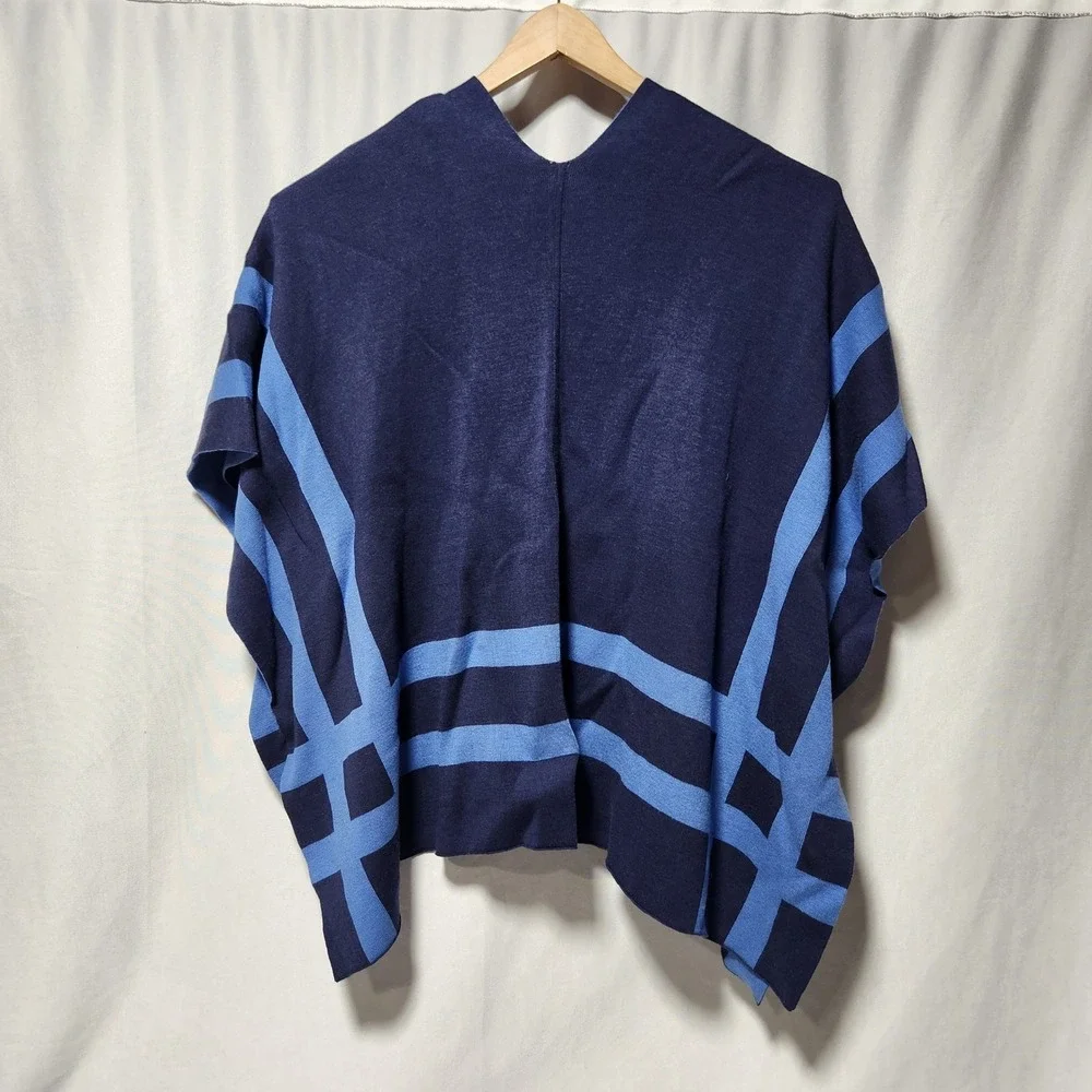 Chicos Reversible Colorblock Stripe Knit‎ Ruana Wrap Midnight Blue OS NWT
